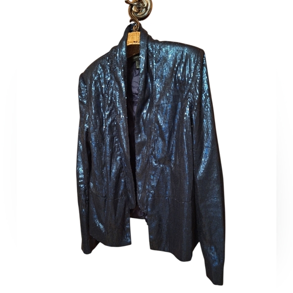 Forever 21 Blue Blazer Shimmery Cropped Jacket Ladies Large Sequins Vegas Party - Picture 3 of 5
